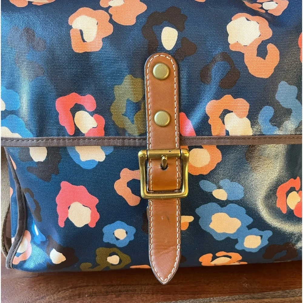 Fossil Navy Blue Floral Print Coated Canvas Crossbody Laptop Tote Bag